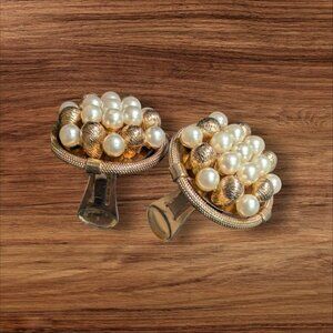 Vintage Gold-Tone Clip-On‎ Earrings With Faux Pearl Cluster & Textured Beads